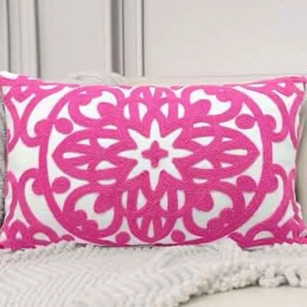 Alysheer Embroidered Mandala‎ Lumbar Throw Pillow Covers Set of 2 Hot Pink White